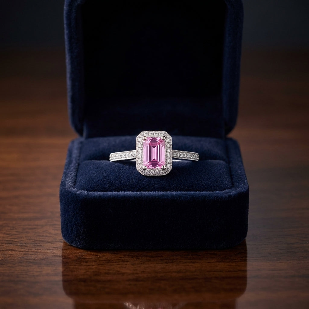 Pink Sapphire and Diamond Halo Ring in 14k White Gold — gift presentation