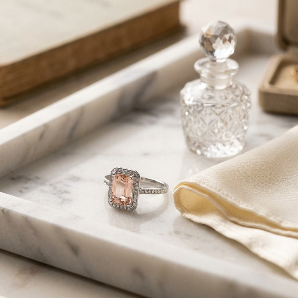 Emerald Cut Morganite And Diamond Halo Ring In 14k White Gold — marble silk