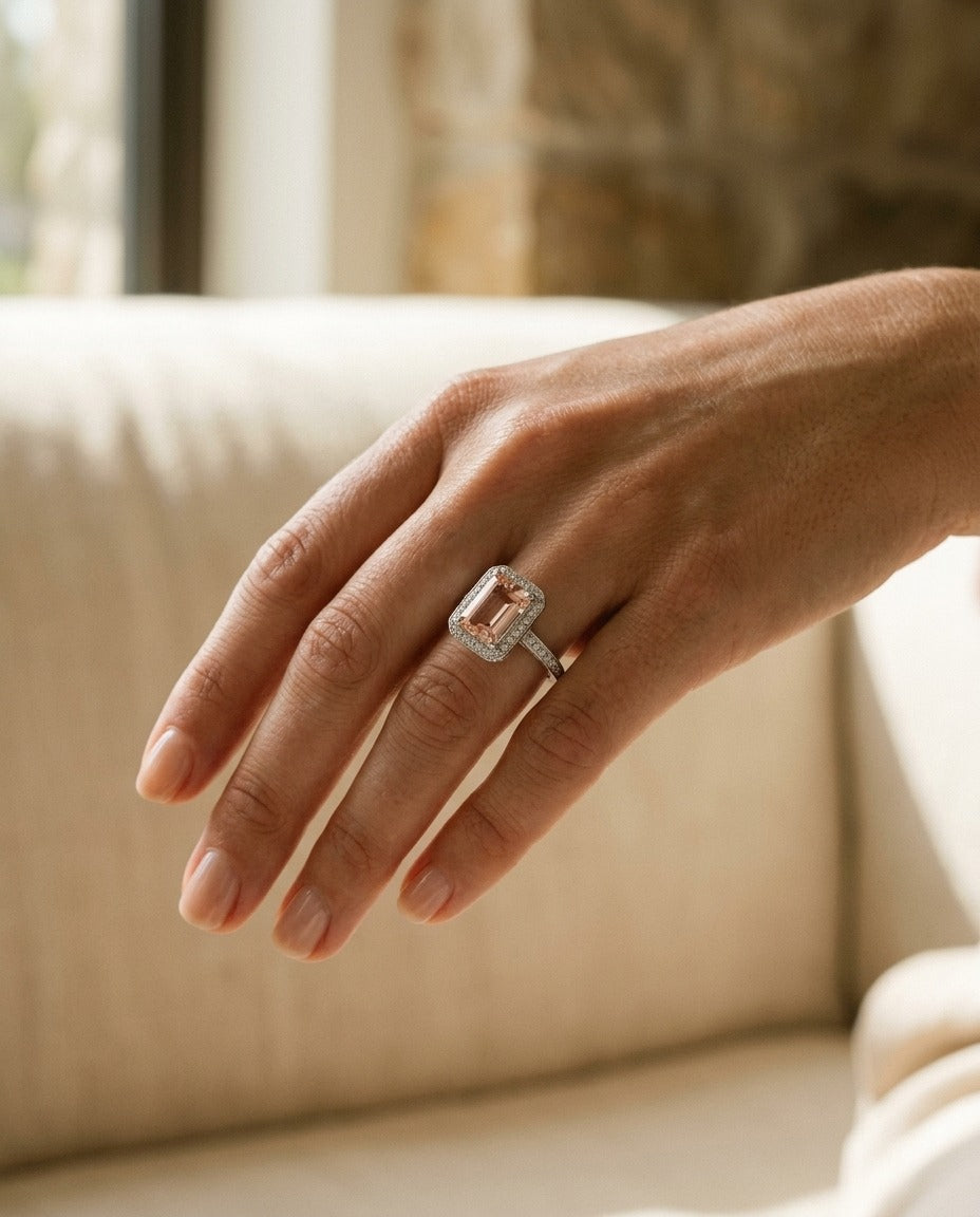 Emerald Cut Morganite And Diamond Halo Ring In 14k White Gold — portrait close