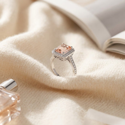 Emerald Cut Morganite And Diamond Halo Ring In 14k White Gold — textile flat lay