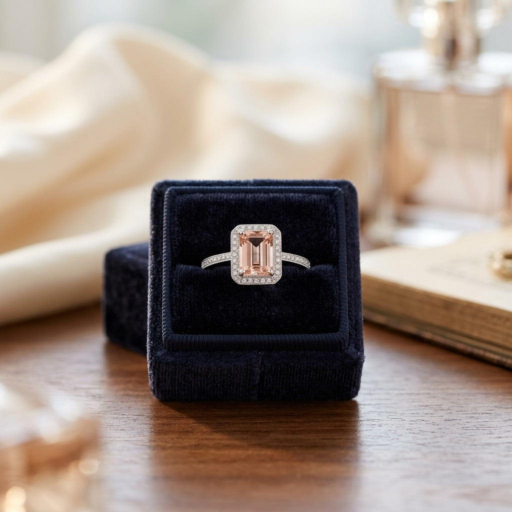 Emerald Cut Morganite And Diamond Halo Ring In 14k White Gold — velvet box