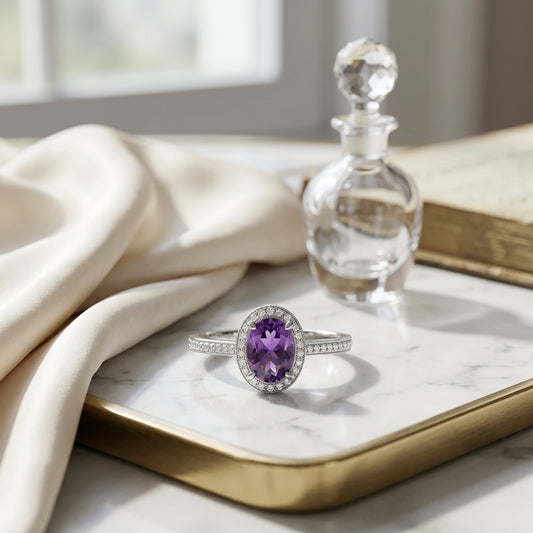 Amethyst Oval & Diamond Halo Ring In 14k White Gold (0.20ctw) — atelier still life