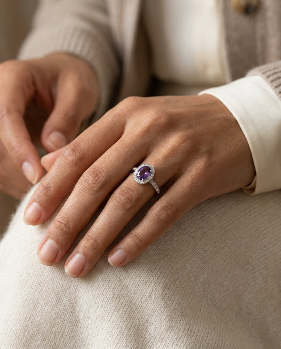 Amethyst Oval & Diamond Halo Ring In 14k White Gold (0.20ctw) — editorial close-up