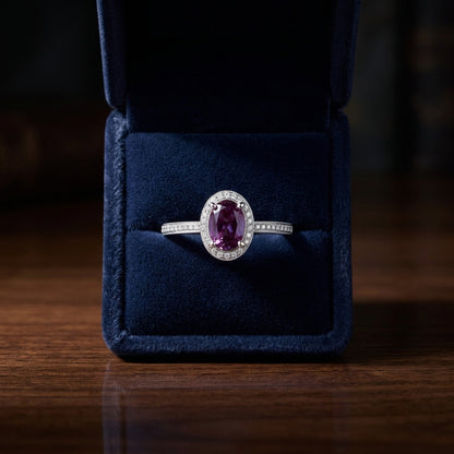 Amethyst Oval & Diamond Halo Ring In 14k White Gold (0.20ctw) — gift presentation