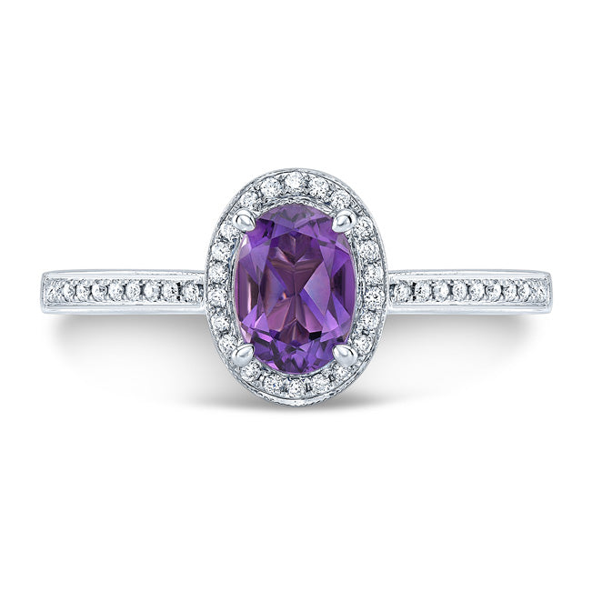 Amethyst Oval & Diamond Halo Ring In 14k White Gold (0.20ctw)