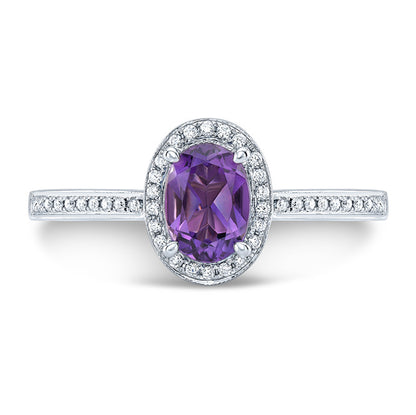Amethyst Oval & Diamond Halo Ring In 14k White Gold (0.20ctw)