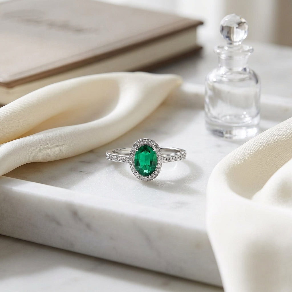 Emerald & Diamond Halo Ring in 14K White Gold - lifestyle