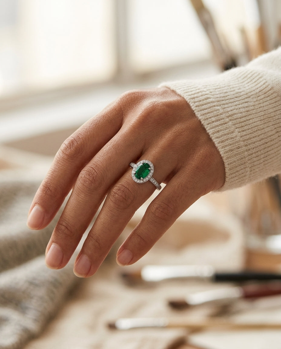 Emerald & Diamond Halo Ring in 14K White Gold - editorial hero