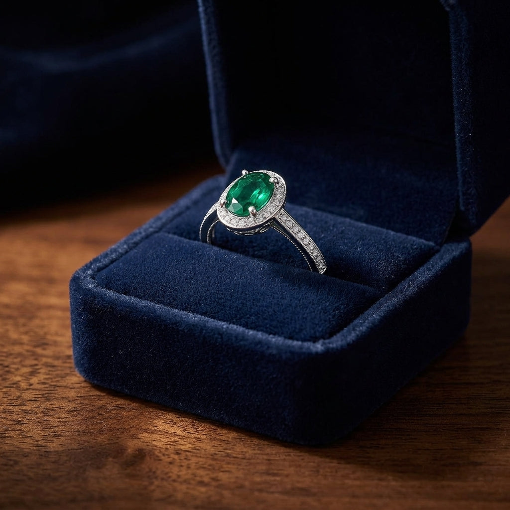 Emerald & Diamond Halo Ring in 14K White Gold - presentation