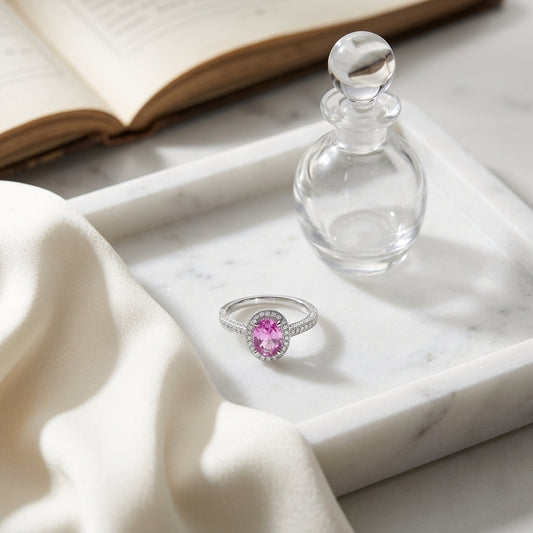 Pink Sapphire And Diamond Oval Halo Ring In 14k White Gold (7x5mm) — atelier still life