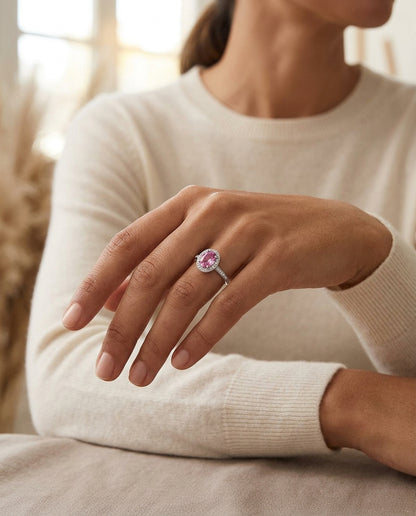 Pink Sapphire And Diamond Oval Halo Ring In 14k White Gold (7x5mm) — editorial close-up