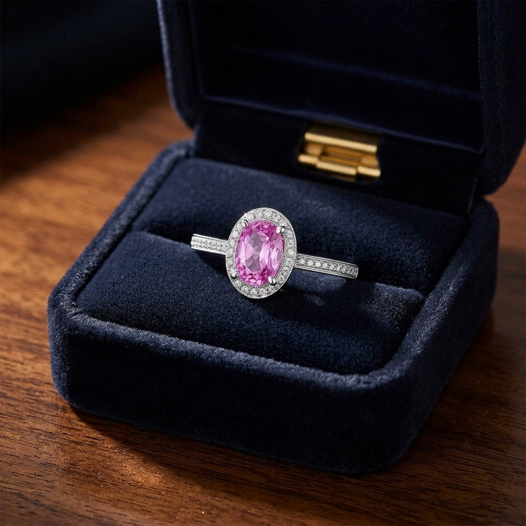 Pink Sapphire And Diamond Oval Halo Ring In 14k White Gold (7x5mm) — gift presentation