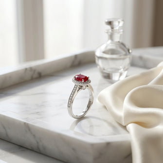 Ruby And Diamond Oval Halo Ring 14k White Gold — atelier still life