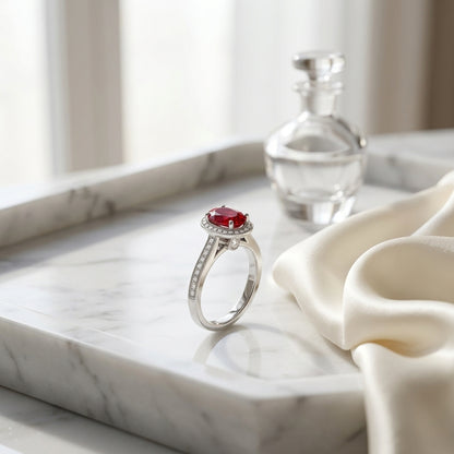 Ruby And Diamond Oval Halo Ring 14k White Gold — atelier still life