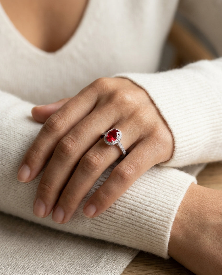 Ruby And Diamond Oval Halo Ring 14k White Gold — editorial close-up