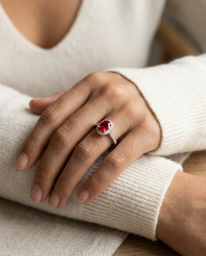 Ruby And Diamond Oval Halo Ring 14k White Gold — editorial close-up