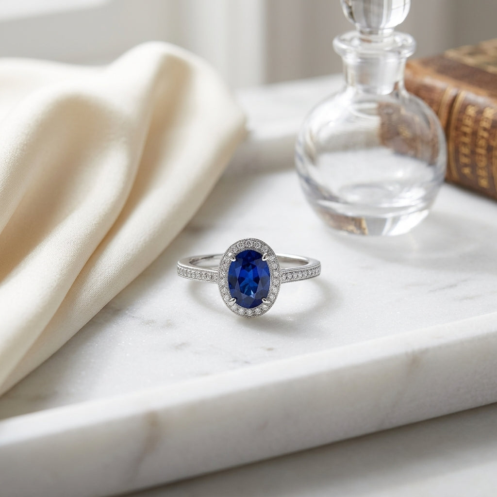 Sapphire Oval & Diamond Ring in 14K White Gold - lifestyle