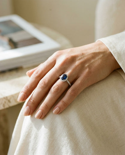 Iolite And Diamond Oval Halo Ring In 14k White Gold — portrait close