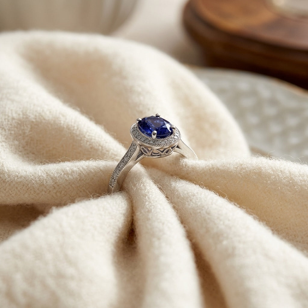 Iolite And Diamond Oval Halo Ring In 14k White Gold — textile flat lay