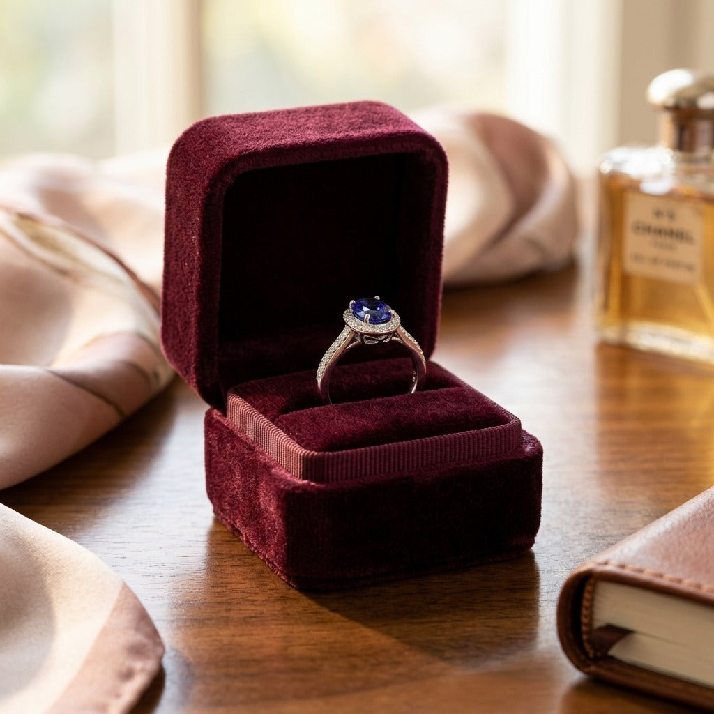 Iolite And Diamond Oval Halo Ring In 14k White Gold — velvet box