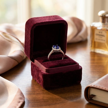 Iolite And Diamond Oval Halo Ring In 14k White Gold — velvet box