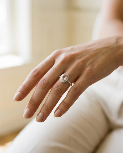 Morganite And Diamond Oval Halo Ring In 14K White Gold — portrait close