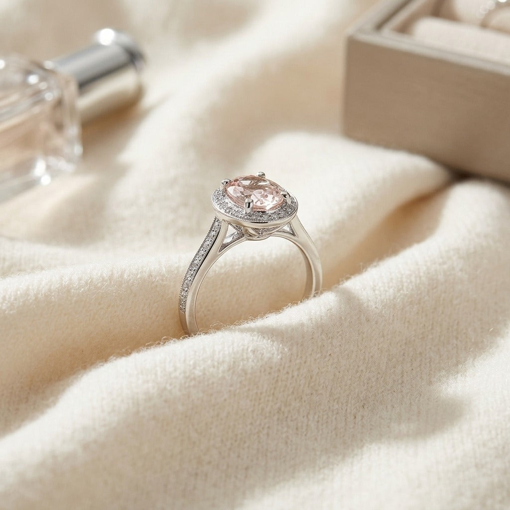 Morganite And Diamond Oval Halo Ring In 14K White Gold — textile flat lay