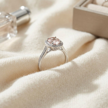 Morganite And Diamond Oval Halo Ring In 14K White Gold — textile flat lay