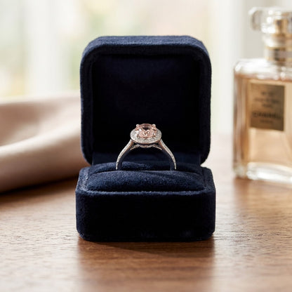 Morganite And Diamond Oval Halo Ring In 14K White Gold — velvet box
