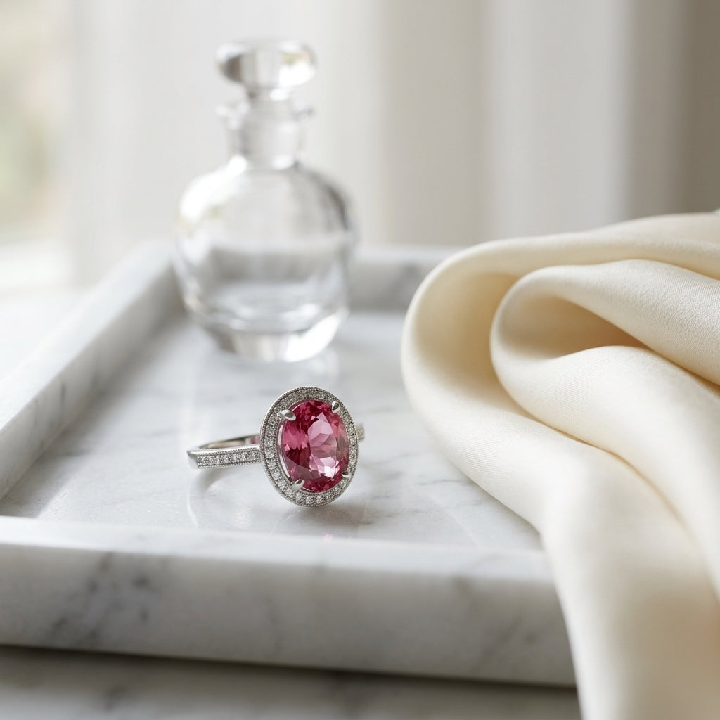 Pink Tourmaline & Diamond Halo Ring In 14k White Gold — atelier still life