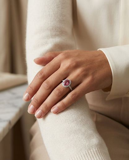 Pink Tourmaline & Diamond Halo Ring In 14k White Gold — editorial close-up