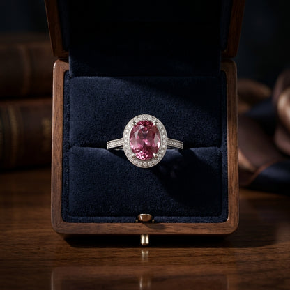 Pink Tourmaline & Diamond Halo Ring In 14k White Gold — gift presentation