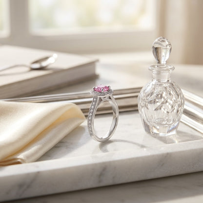 Pink Sapphire and Diamond Halo Ring in 14k White Gold — marble silk
