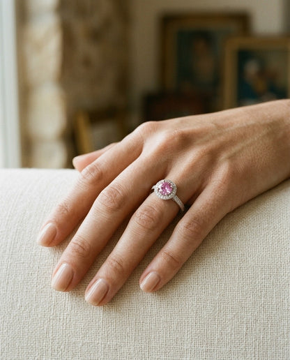 Pink Sapphire and Diamond Halo Ring in 14k White Gold — portrait close