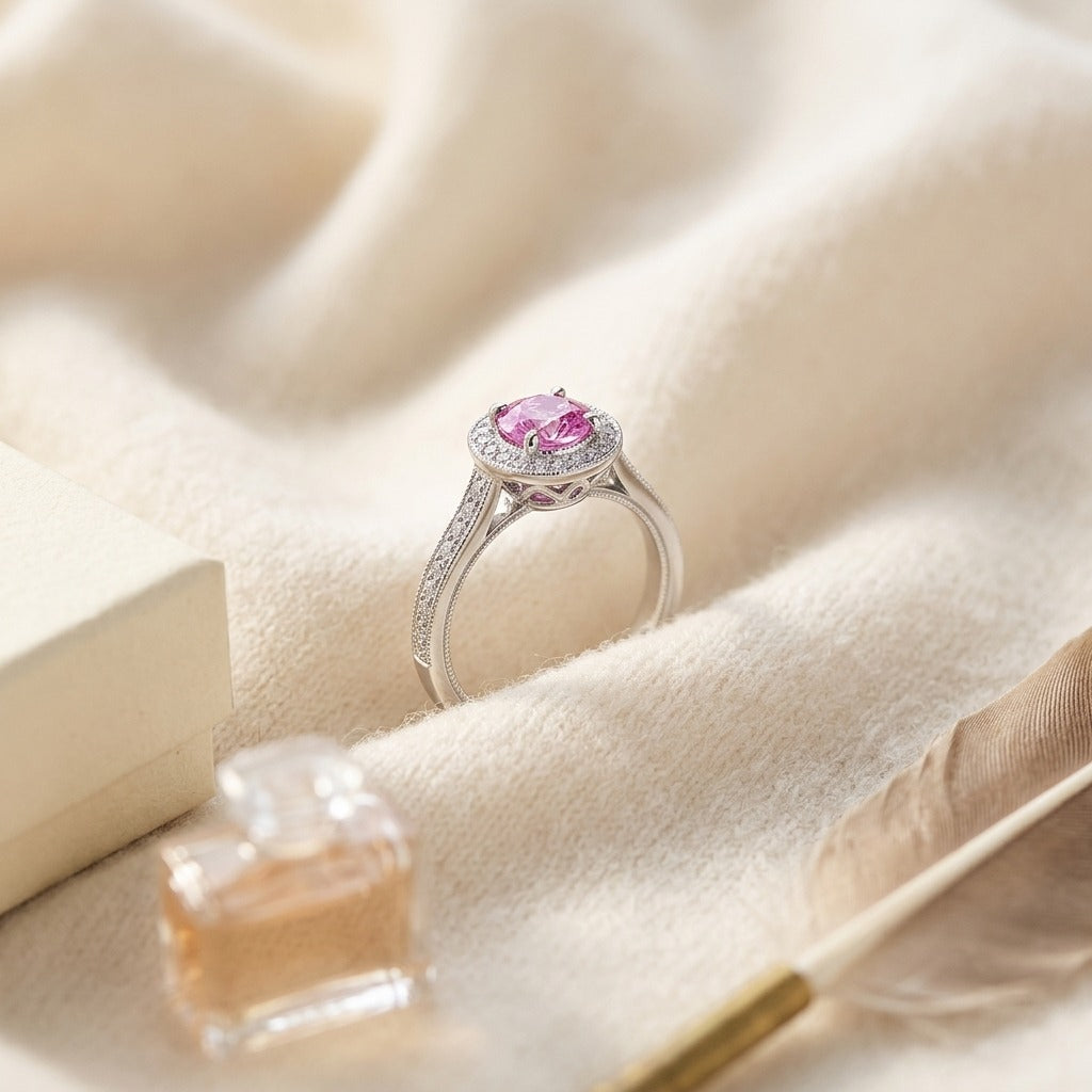 Pink Sapphire and Diamond Halo Ring in 14k White Gold — textile flat lay