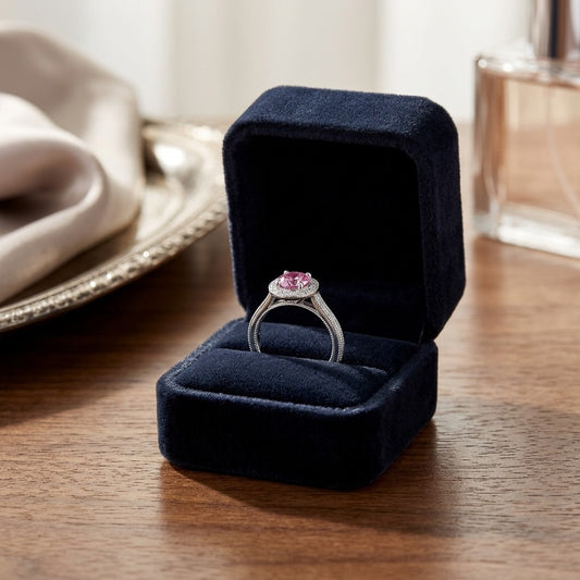 Pink Sapphire and Diamond Halo Ring in 14k White Gold — velvet box
