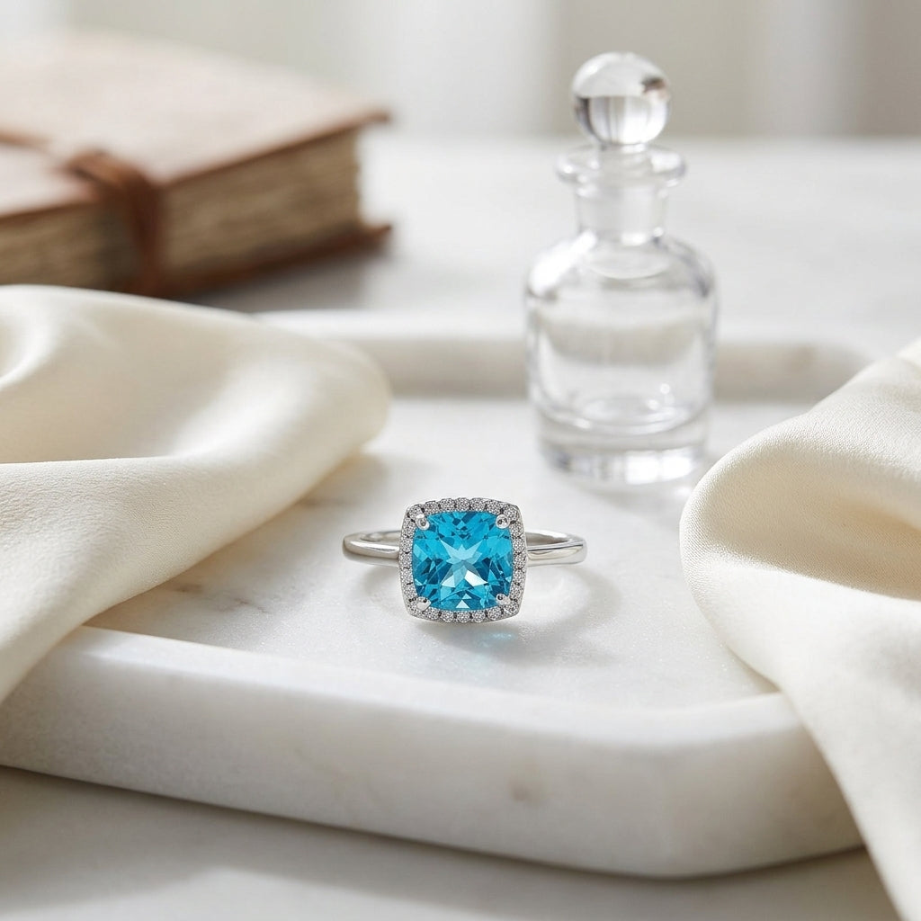 Blue Topaz And Diamond Cushion Halo Slim Shank Ring In 14k White Gold — atelier still life