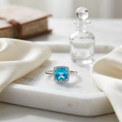 Blue Topaz And Diamond Cushion Halo Slim Shank Ring In 14k White Gold — atelier still life