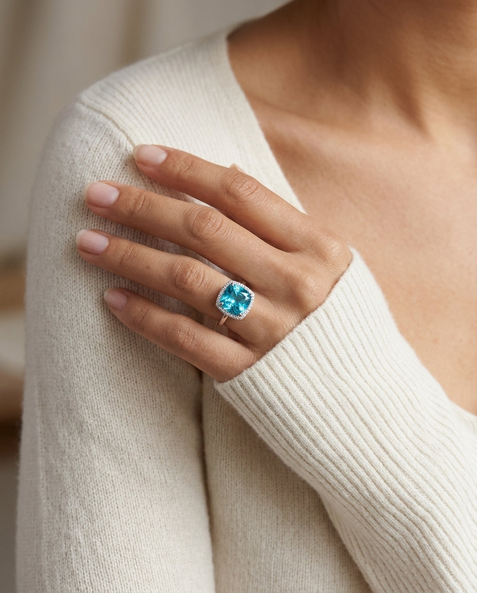 Blue Topaz And Diamond Cushion Halo Slim Shank Ring In 14k White Gold — editorial close-up