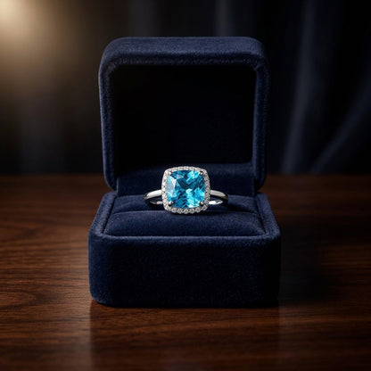 Blue Topaz And Diamond Cushion Halo Slim Shank Ring In 14k White Gold — gift presentation
