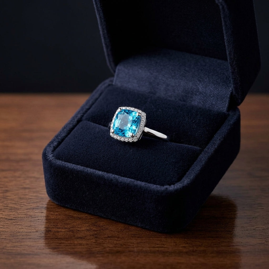 Blue Topaz Cushion Cut And Diamond Halo Ring  In 14k White Gold — gift presentation