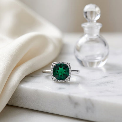 Created Emerald & Diamond Halo Ring In 14kw Ring — atelier still life
