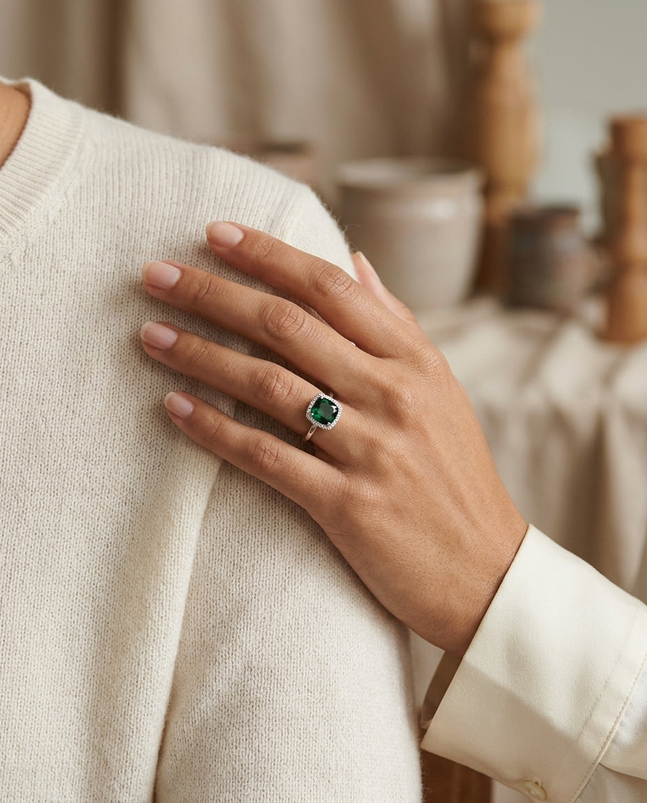 Created Emerald & Diamond Halo Ring In 14kw Ring — editorial close-up