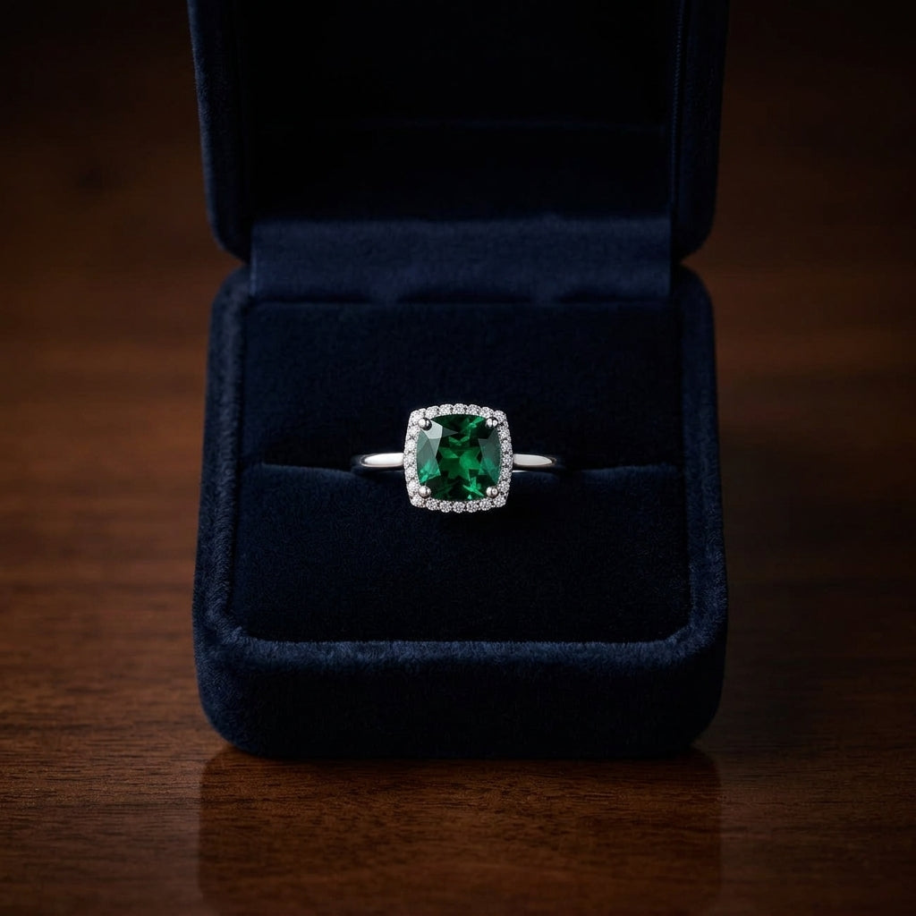 Created Emerald & Diamond Halo Ring In 14kw Ring — gift presentation