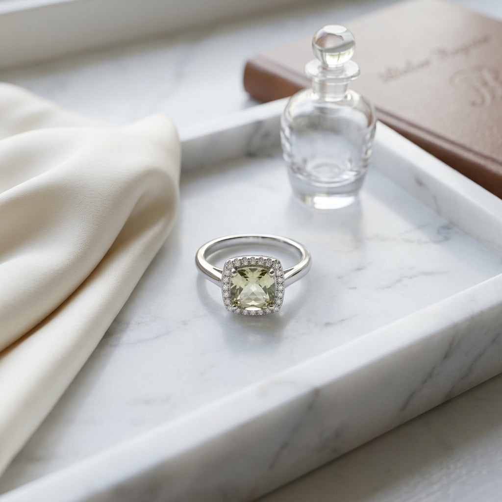 Green Quartz And Diamond Halo Ring  In 14k White Gold — atelier still life