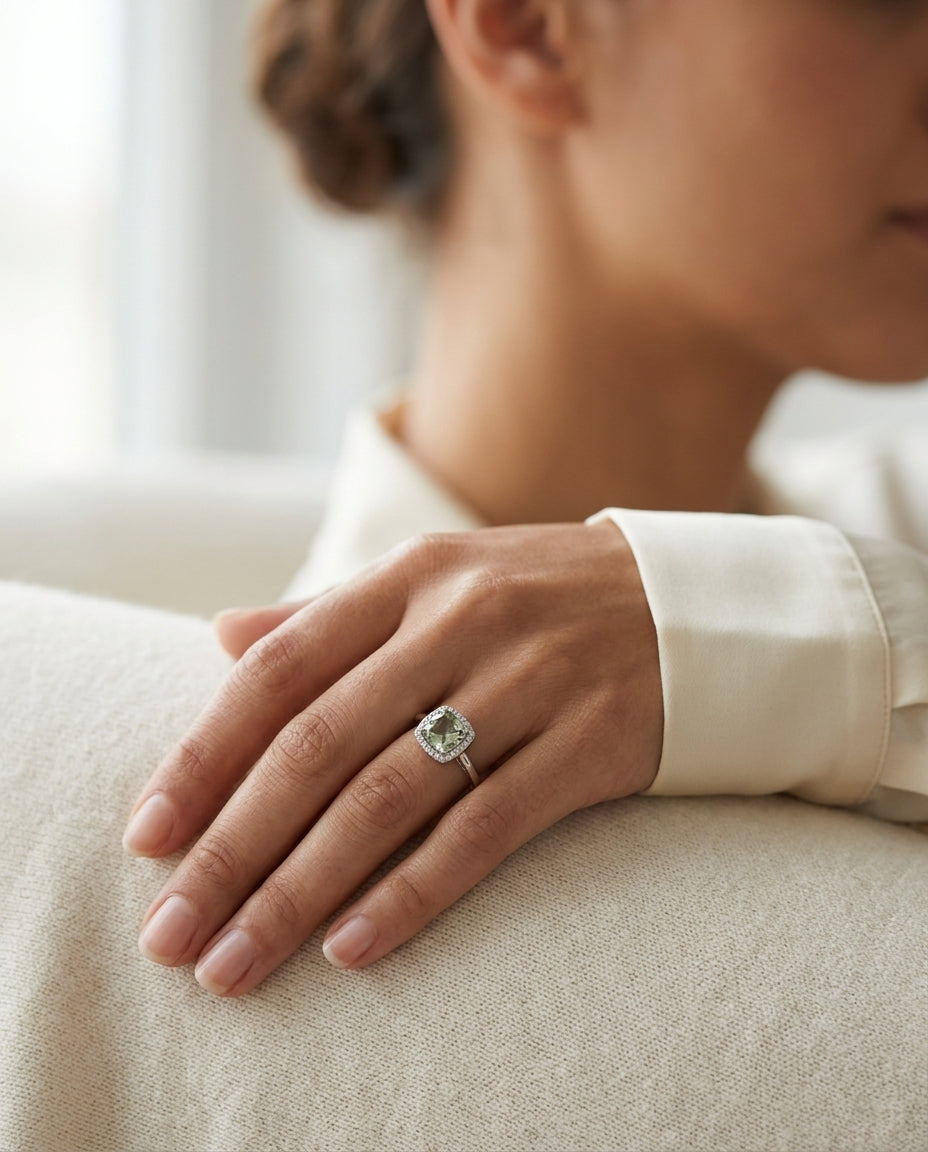 Green Quartz And Diamond Halo Ring  In 14k White Gold — editorial close-up