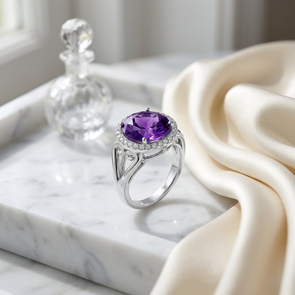 Amethyst And Diamond Halo Ring In 14k White Gold — atelier still life