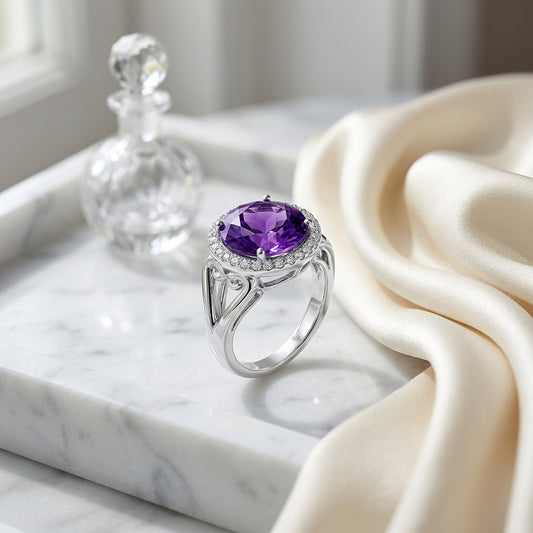 Amethyst And Diamond Halo Ring In 14k White Gold — atelier still life