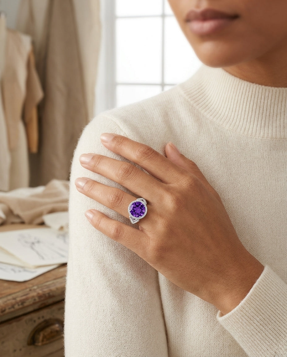 Amethyst And Diamond Halo Ring In 14k White Gold — editorial close-up