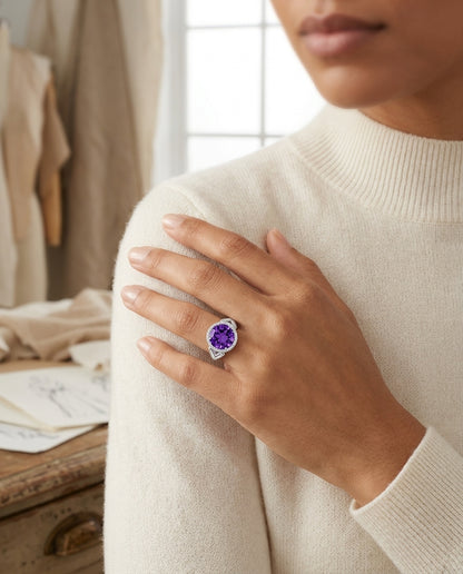 Amethyst And Diamond Halo Ring In 14k White Gold — editorial close-up